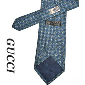 VTG Gucci Men's Silk Tie Green Blue Horsebit Pattern Made in Italy Classic Logo